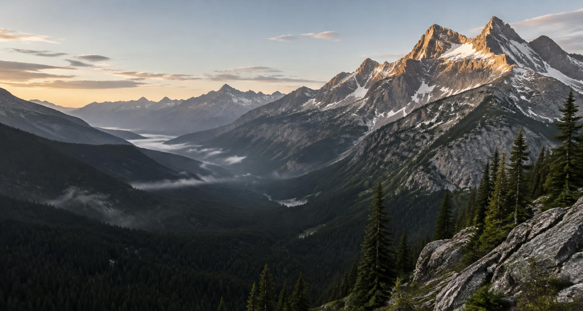 Sunlit mountain peaks above a forested valley